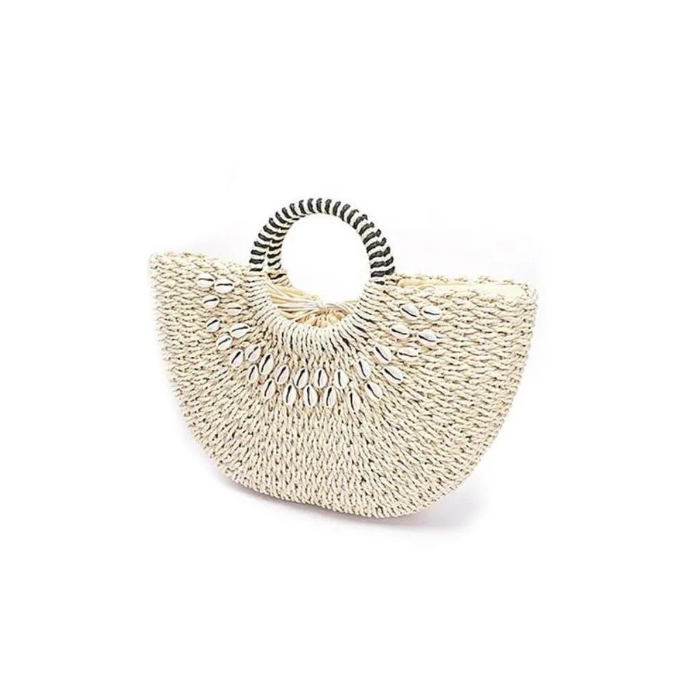 FASHNZFAB Top Handle Sea Shell Faux Straw Tote Bag