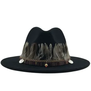 Feathers Belt Wool Fedora Hat stylish boater hat with ribbon on model