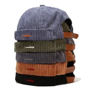 Fisherman Corduroy Docker Cap stylish boater hat with ribbon on model