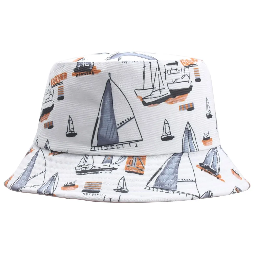 Fisherman Sailboats Bucket Hat boater hat with bow in beach sunlight