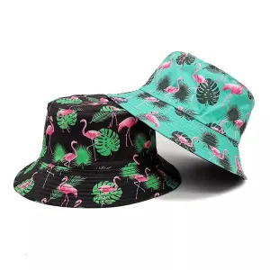Flamingos Reversible Bucket Hat boater hat with bow in beach sunlight