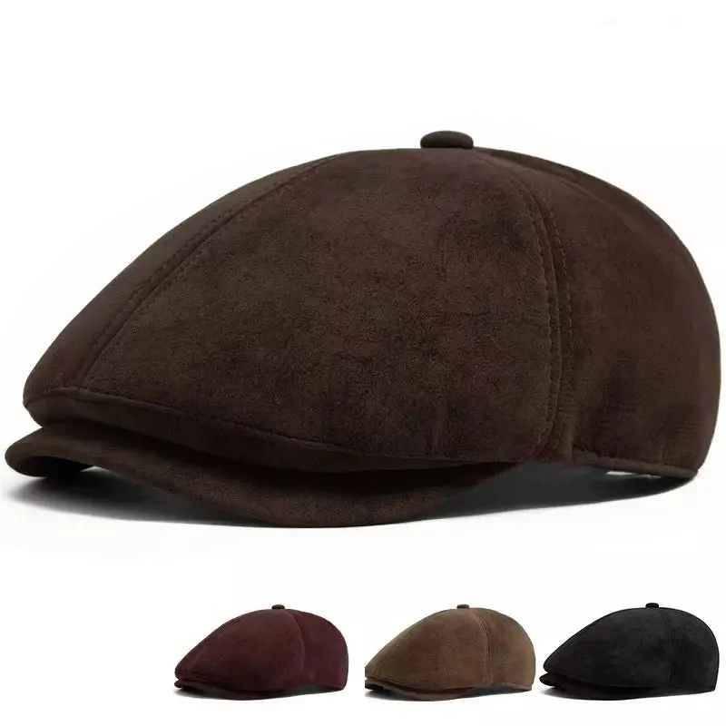 Flint Suede Leather 6 Panels Newsboy Cap boater hat with bow in beach sunlight