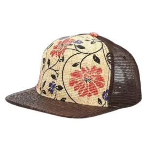 Floral Print Trucker Snapback Cap boater hat with bow in beach sunlight