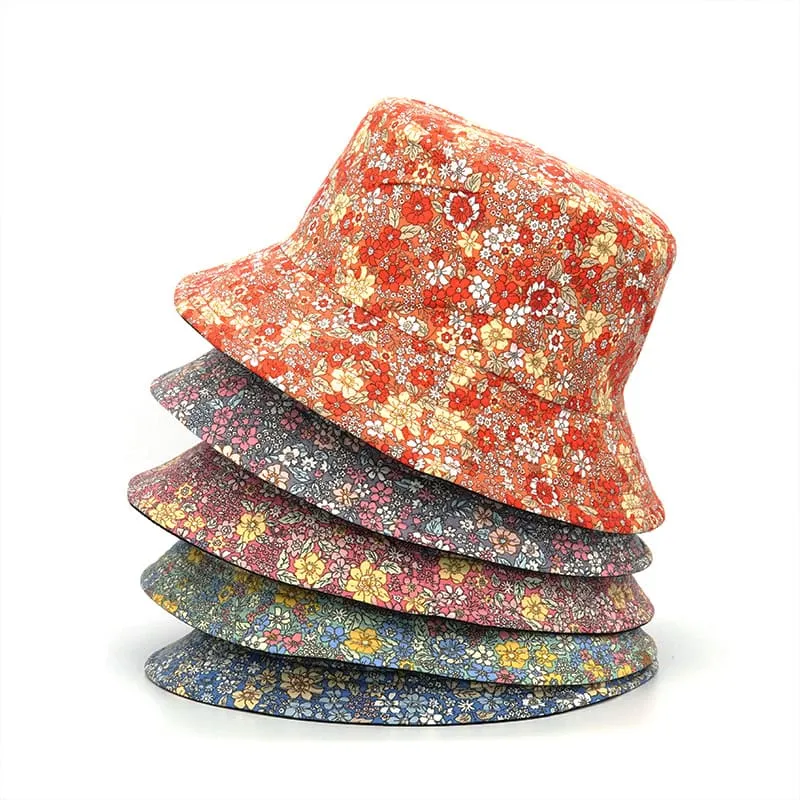 Floral Reversible Bucket Hat stylish boater hat with ribbon on model