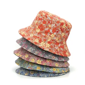 Floral Reversible Bucket Hat stylish boater hat with ribbon on model