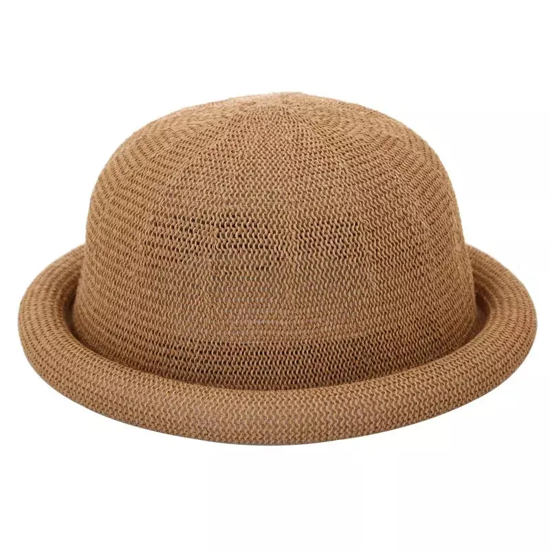 Florence Rolled-Up Brim Bowler Hat stylish boater hat with ribbon on model