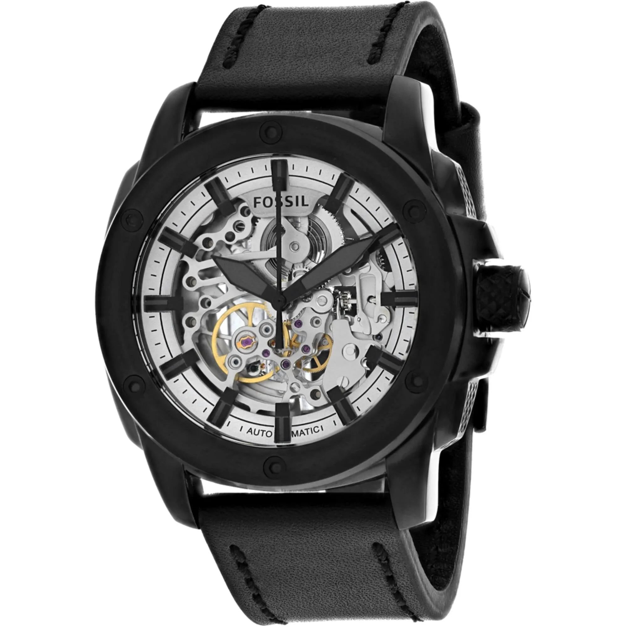 Fossil Men's Watch - Modern Machine Quartz Silver Dial Black Leather Strap | ME3134 