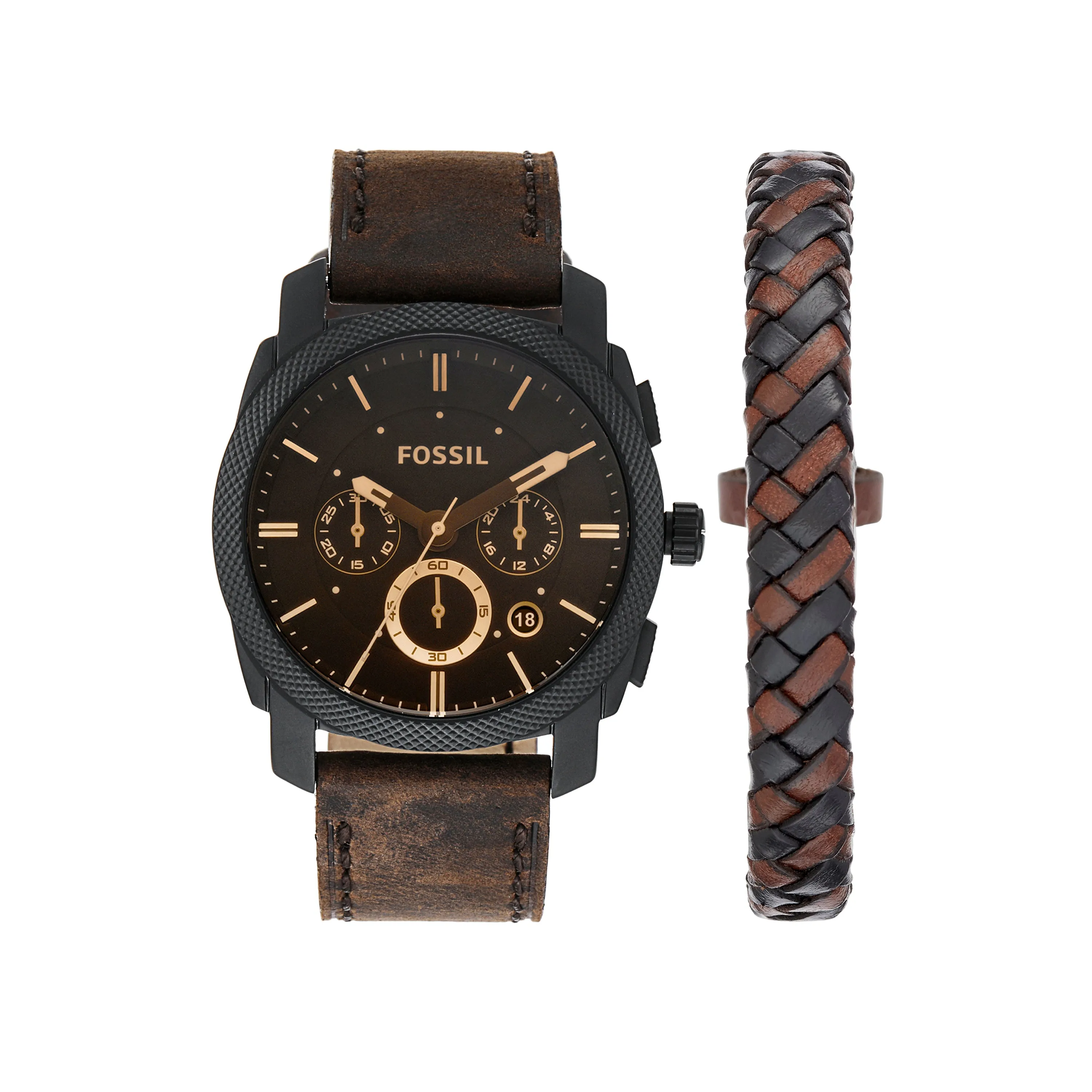 Fossil Modern Machine Chronograph Watch and Braided Leather Bracelet Set FS5251SET 