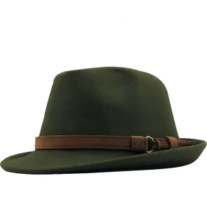 Franklin Plain Wool Trilby Hat stylish boater hat with ribbon on model
