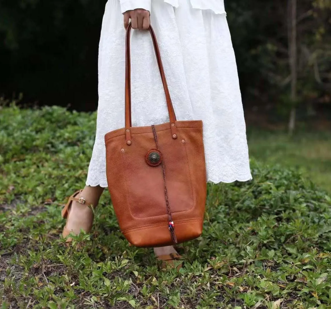 Full Grain Leather Bohemian Shoulder Bag Tote Bag Handmade Leather Bucket Bag, Ethnic Bag Women/Men Bag, Brown Black Leather Bag, bucket bags for sale