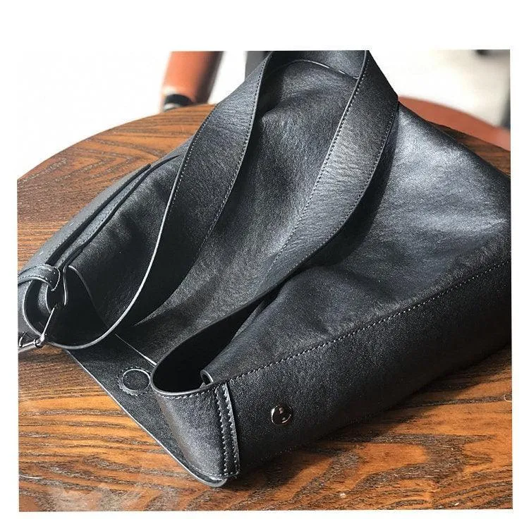 Full Grain Leather Shoulder Bag, Wide Shoulder Strap Crossbody Bag, Retro Leather Bucket Bag, Valentine Gift for her