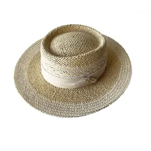 Gagliano Summer Porkpie Hat boater hat with bow in beach sunlight