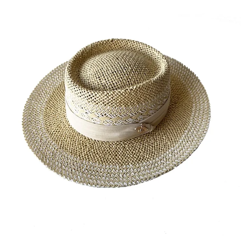 Gagliano Summer Porkpie Hat boater hat with bow in beach sunlight