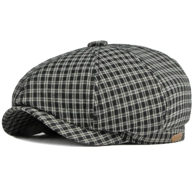 Gante Plaid Cotton Newsboy Cap boater hat with bow in beach sunlight