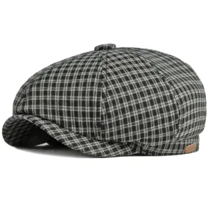 Gante Plaid Cotton Newsboy Cap boater hat with bow in beach sunlight