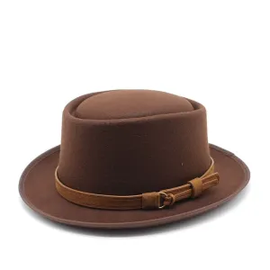 Gaspard Classic Porkpie Hat stylish boater hat with ribbon on model