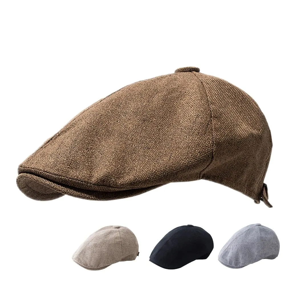 Gatsby Classic Linen Flat Cap stylish boater hat with ribbon on model