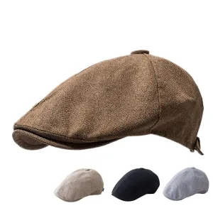Gatsby Classic Linen Flat Cap stylish boater hat with ribbon on model