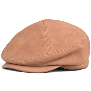 Gatsby Genuine Suede Leather Flat Cap boater hat with bow in beach sunlight