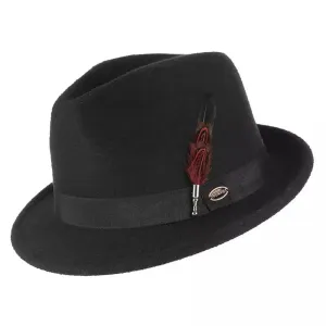 Gemvie Feather Black Trilby Hat boater hat with bow in beach sunlight