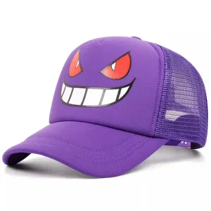 Gengar Purple Trucker Cap stylish boater hat with ribbon on model