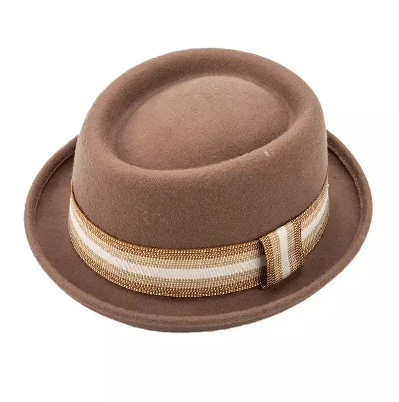 Genovese Wool Porkpie Hat boater hat with bow in beach sunlight