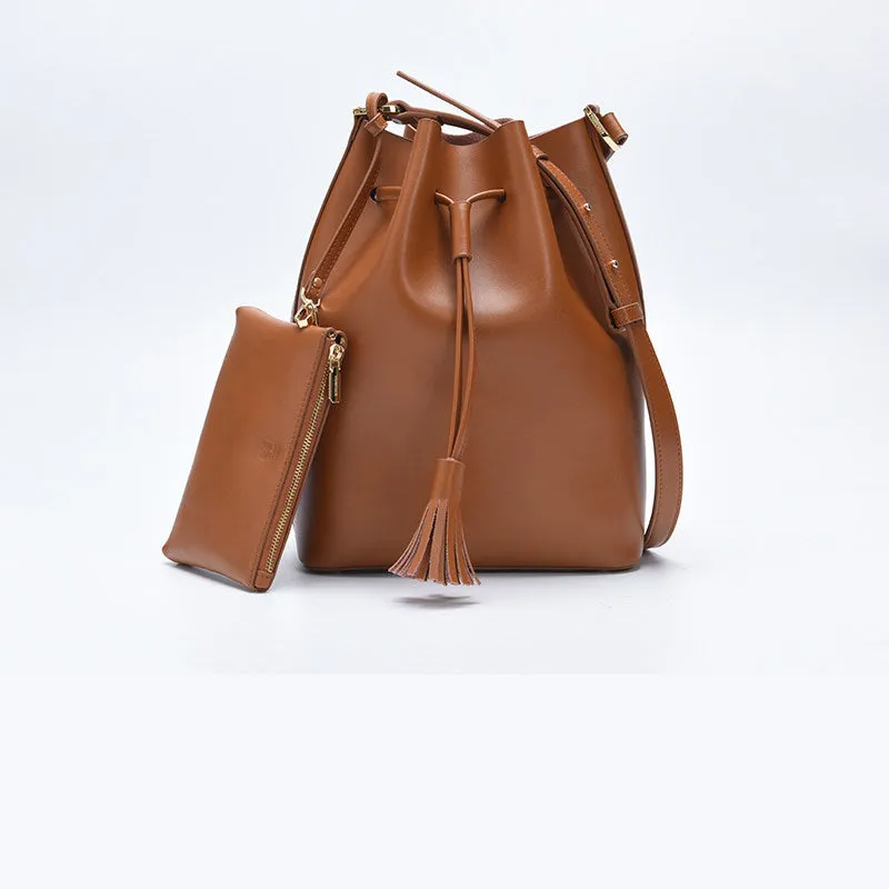 Genuine Black Leather bucket bag shoulder bag for women leather Barrel crossbody bag