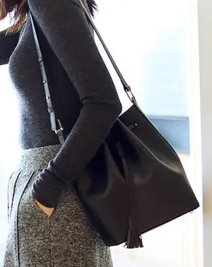 Genuine Black Leather bucket bag shoulder bag for women leather Barrel crossbody bag cheap online
