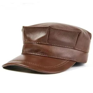 Genuine Leather Earflaps Army Cap boater hat with bow in beach sunlight