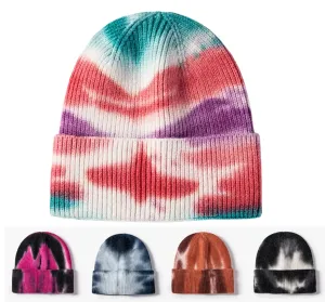 Ghelter Winter Tie-Dye Beanie boater hat with bow in beach sunlight