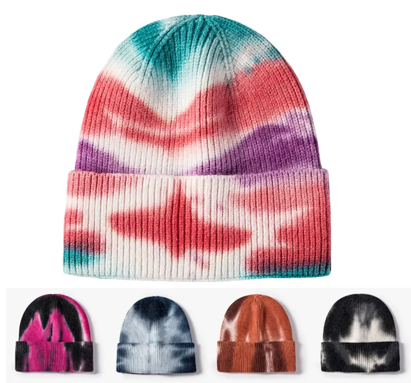 Ghelter Winter Tie-Dye Beanie boater hat with bow in beach sunlight