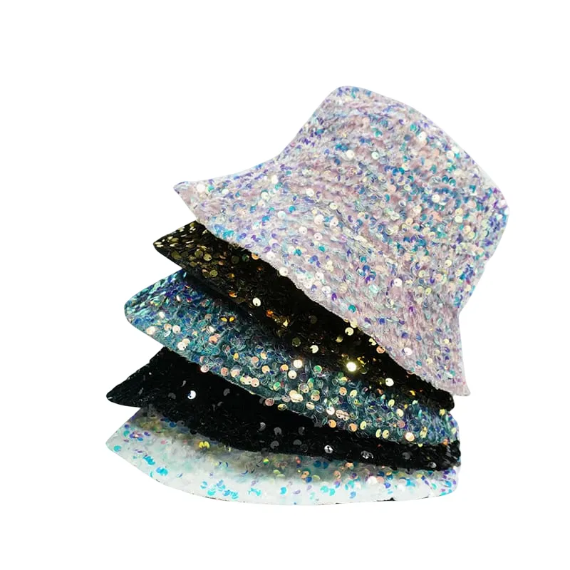 Glitter Sequins Bucket Hat stylish boater hat with ribbon on model