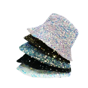Glitter Sequins Bucket Hat stylish boater hat with ribbon on model