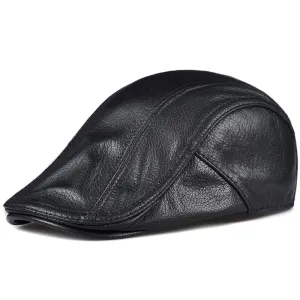 GLTR Genuine Leather Flat Cap stylish boater hat with ribbon on model