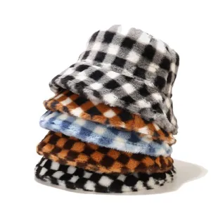 GLTR Plaid Fur Bucket Hat boater hat with bow in beach sunlight