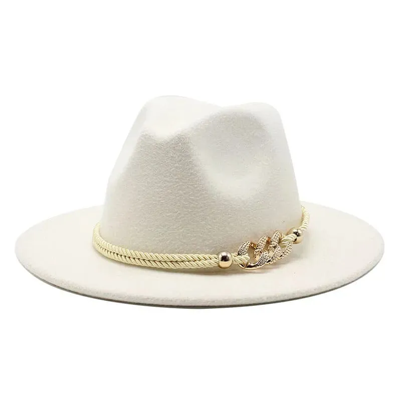 Golden Cord Felt Fedora Hat stylish boater hat with ribbon on model