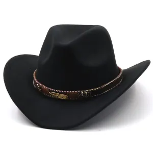 Golden Feather Wool Cowboy Hat stylish boater hat with ribbon on model