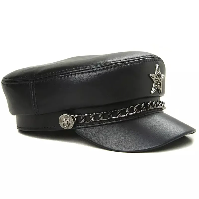 Golden Star Black Genuine Leather Sailor Cap