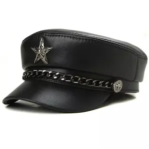 Golden Star Black Genuine Leather Sailor Cap boater hat with bow in beach sunlight