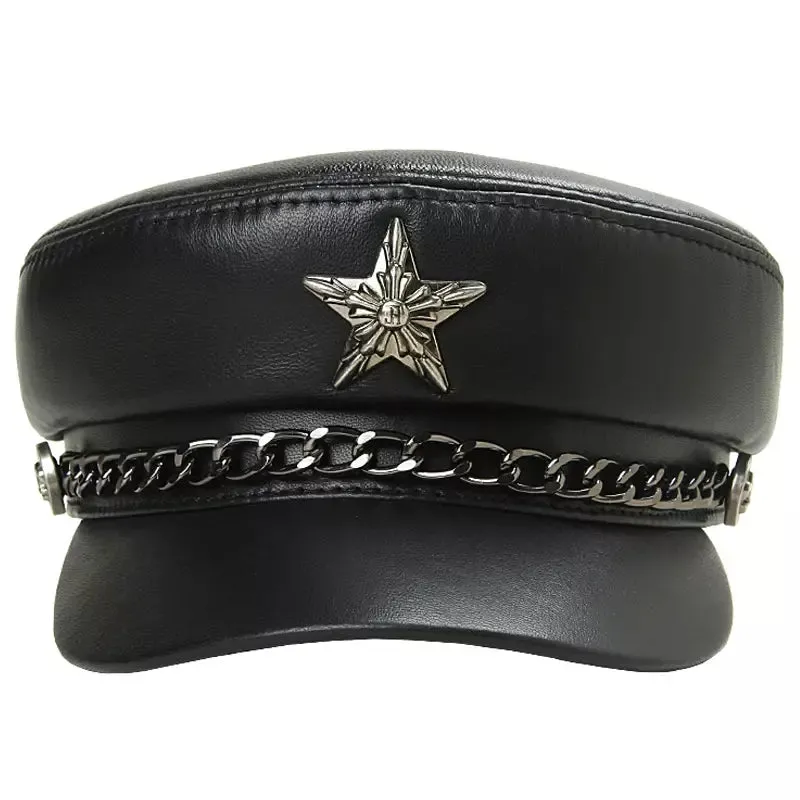 Golden Star Black Genuine Leather Sailor Cap