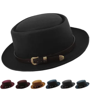 Gordon Wool Porkpie Hat boater hat with bow in beach sunlight