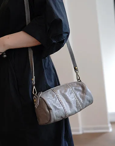 Gray Womens Rivets Small Barrel Shoulder Bag Small Rivets Bucket Crossbody Purse for Ladies cheap online