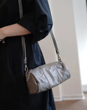 Gray Womens Rivets Small Barrel Shoulder Bag Small Rivets Bucket Crossbody Purse for Ladies cheap online