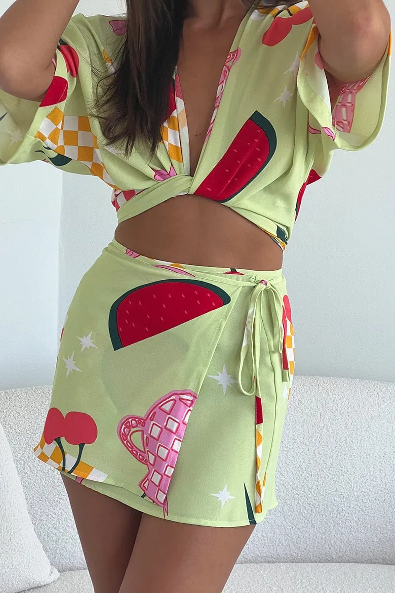 Green Abstract Wrap Skirt High Rise Mini,skirt,denim skirt,mini skirt,maxi skirt,jean skirt,skort,tennis skirt,pleated skirt,pencil skirt,bubble skirt,plisse skirt,fitted skirt,midi skirt,short skirt,short mini skirt,leather skirt,a line skirt,Split skirt