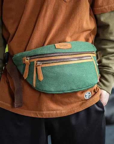 Green Canvas Leather Mens Chest Bag Waist Bag Fanny Pack Bum Pack For Men Green