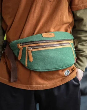 Green Canvas Leather Mens Chest Bag Waist Bag Fanny Pack Bum Pack For Men Green