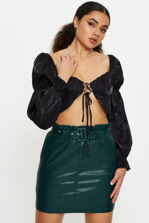 Green Faux Leather Belted Skirt,skirt,denim skirt,mini skirt,maxi skirt,jean skirt,skort,tennis skirt,pleated skirt,pencil skirt,bubble skirt,plisse skirt,fitted skirt,midi skirt,short skirt,short mini skirt,leather skirt,a line skirt,Split skirt