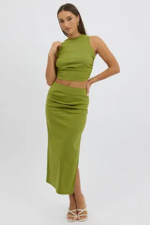 Green Gathered Midi Skirt High Rise Bengaline Split,skirt,denim skirt,mini skirt,maxi skirt,jean skirt,skort,tennis skirt,pleated skirt,pencil skirt,bubble skirt,plisse skirt,fitted skirt,midi skirt,short skirt,short mini skirt,leather skirt,a line skirt