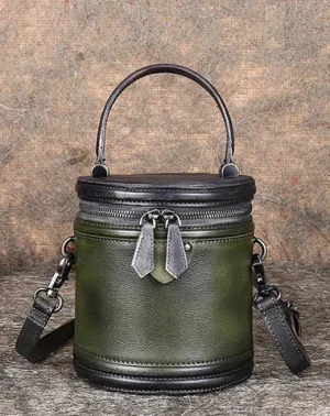 Green Leather Womens Bucket Handbag Barrel Shoulder Bag Crossbody Purse for Ladies cheap online
