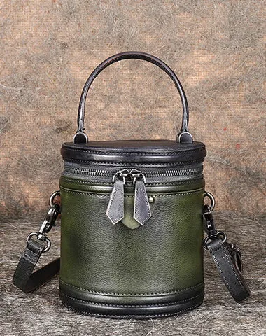Green Leather Womens Bucket Handbag Barrel Shoulder Bag Crossbody Purse for Ladies cheap online